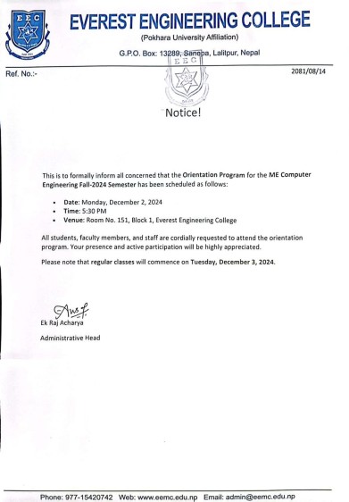 Notice regarding Orientiation program for ME-Computer